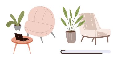 Yumuşak yastıklı sandalyeler, dizüstü bilgisayarlı kahve masası ve saksı bitkileri rahatlatıcı bir ortam yaratır. Rahatlama, ev işi, üretkenlik, minimalizm, iç tasarım, yaratıcılık için ideal basit