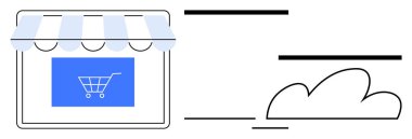 Vitrin ön cephesinde güneşlik, alışveriş arabası ikonu ekranda ve etrafındaki bulut resimleriyle. E-ticaret, dijital iş, çevrimiçi perakende, bulut teknolojisi, SaaS, ticaret stratejisi için ideal