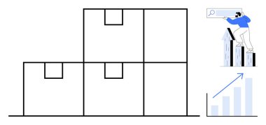 Yığılmış kutular, yukarı doğru grafikler ve çatılardan arama yapan insanlar. İş, lojistik, büyüme, tedarik zinciri, ticaret tahmini başarı için ideal. Basit bir düz metafor.