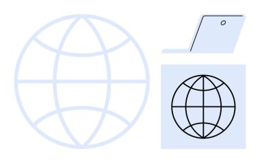 Şeffaf bir küre ve dizüstü bilgisayarın olduğu minimalist bir tasarım. Küresel iletişim, dijital ağ, çevrimiçi iş, eğitim, teknoloji geliştirme, uzaktan çalışma, basit daire