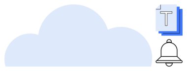 Soyut bulut simgesi, istiflenmiş belgeler ve çan, dosya depolama, organizasyon ve anlık uyarılar öneriyor. Teknoloji, bulut hesaplama, iletişim, veri yönetimi uygulamaları için ideal