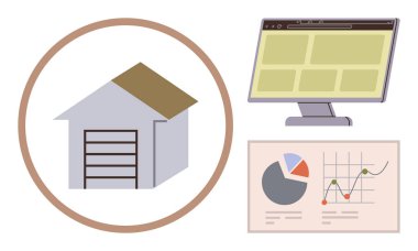 Depo simgesi, web düzenini gösteren bir bilgisayar ekranı ve turta ve çizgi grafikleriyle eşleştirildi. Lojistik, envanter, analitik, yönetim, teknoloji, organizasyon için ideal, basit daire