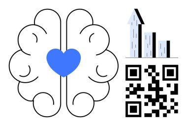 Mavi kalpli beyin, yükselen baro şeması ve QR kodu duygusal zeka, analitik ve teknolojiyi akla getiriyor. Teknoloji, analitik, sağlık, yenilikçi büyüme eğitimi için ideal basit