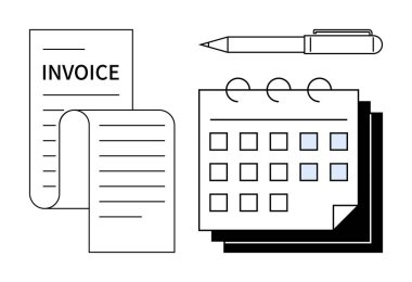 Fatura kağıdı, işaretli tarihli takvim ve görev yönetimi, fatura ve organizasyonu vurgulayan kalem. Bitiş tarihleri, programlar, iş yeri, planlama finansman verimliliği zamanı için ideal