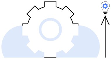 Üç ayaklı ampullü dişli mekanizma yeniliği, otomasyonu, bulut hesaplamasını ve işbirliğini simgeliyor. Teknoloji, süreç verimliliği, takım çalışması, yaratıcılık ve mühendislik için ideal