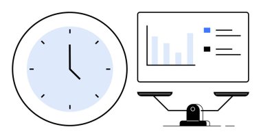 Dijital veri ekranının yanındaki saat ve denge ölçekleri zamanı, analizi ve eşitliği temsil ediyor. Zamanlama, verimlilik, denge, analitik, karar verme eşitliği için ideal. Modern basit