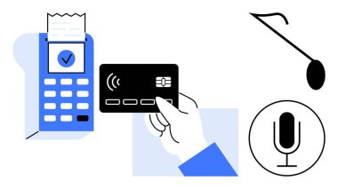 Ödeme terminali, makbuz, mikrofon, nota yakınında NFC 'ye açık kartla el ele tutuşmak. Ödeme için ideal, fintech, teknoloji, ticaret, dijital güvenlik yeniliği basit bir iniş sayfası