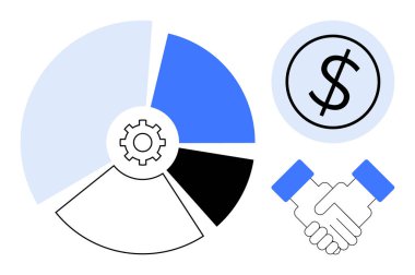Vitesli pasta tablosu, madeni paranın içinde dolar işareti ve finansal veri analizini, takım çalışmasını, gelir, yatırım, başarı, iş birliği ve basit bir dairede stratejiyi temsil eden el sıkışma.