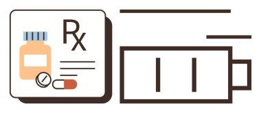 İlaç şişesi, kapsüller ve düşük pil ikonu sağlığı, enerji seviyelerini, tedaviyi ve yaşam dengesini sembolize eder. Sağlık, sağlık, eczane iyileştirme canlılığı ve denge için idealdir.