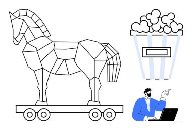 Geometrik Truva Atı, dolup taşan patlamış mısır kovası ve dizüstü bilgisayarda profesyonel jestler. Strateji, siber güvenlik, yaratıcılık, tehditler, kültür, eğlence sektörü metaforu için ideal