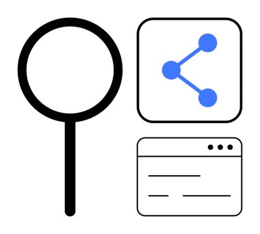 Ağ simgesi ve web sayfası arayüzü paylaşan büyüteç. Arama, veri paylaşımı, ağ paylaşımı, iletişim, teknoloji, web tasarımı ve basit bir iniş sayfası için ideal