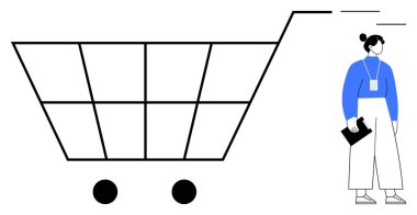 Büyük boy alışveriş arabasının yanında elinde not panosu olan kadın. E-ticaret, perakende, satış, çevrimiçi alışveriş, tüketici davranışı, iş büyümesi, basit düz metafor