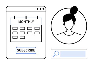 Abone tuşu, kullanıcı avatarı ve arama çubuğu olan aylık takvim. Abonelik hizmetleri, kullanıcı arayüzü tasarımı, profil yönetimi, müşteri bağlılığı, zamanlama araçları, kullanıcı