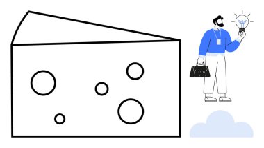 Elinde evrak çantasıyla parlayan bir ampul tutan bir iş adamı, delikli büyük bir peynir bloğunun yanında duruyor. Yaratıcılık, yenilik, problem çözme, beyin fırtınası, iş dünyası, ilham için ideal