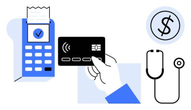 Faturalı ödeme terminali, kredi kartı işlemleri, steteskop ve sağlık hizmetleri finansmanını ön plana çıkaran dolar işareti. Fintech, sağlık hizmetleri, e-ticaret, tıbbi harcamalar, teknoloji için ideal