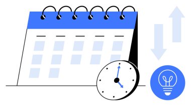 İşaretli günlerin takvimi, saati gösteren saat, fikirler için ampul ve ilerlemeyi gösteren oklar. Zamanlama, planlama, yenilik, verimlilik, ilerleme izleme zamanı yönetimi için ideal