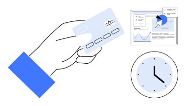 Elinde banka kartı, çizelgeli analitik panel, saati gösteren saat. Ödeme, bankacılık, zaman yönetimi, veri analizi, çevrimiçi işlemler, finans eğitimi sade iniş sayfası için ideal