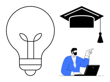 Yeniliği temsil eden ampul, eğitim için mezuniyet şapkası ve e-öğrenim için dizüstü bilgisayarda çalışan bir profesyonel. Eğitim, yenilik, çevrimiçi kurslar, mesleki gelişim ve uzak çalışma için ideal