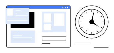 Analog bir saatin yanında navigasyon elemanları ile web sayfası arayüzü. Üretkenlik, zamanlama, verimlilik, son teslim tarihi yönetimi, iş akışı, proje planlaması için ideal, basit düz metafor