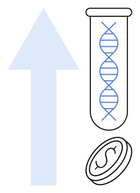 Bir test tüpündeki DNA, büyümeyi simgeleyen yukarı doğru ok ve finansal yatırımı temsil eden para. Biyoteknoloji, yenilik, büyüme, araştırma finansmanı, sağlık, bilimsel ilerleme için idealdir.