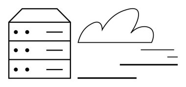 Veri akışını temsil eden bulut ve yatay çizgilerin yanında sunucu rafı. Sunucu, bulut depolama, ağ, teknoloji, veritabanı yönetimi, veri transferi, basit iniş sayfası için ideal