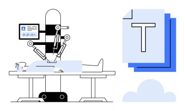 Monitör ekranı, dijital metin dosyaları ve bulut depolama sunumu olan bir hastaya robotik kol ameliyatı. Sağlık, tıbbi teknoloji, yapay zeka, otomasyon, ameliyat, robot teknolojisi için ideal