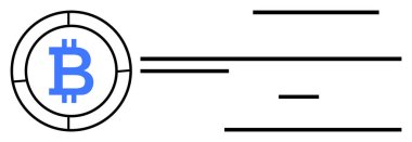 Asgari yatay çizgileri olan bitcoin simgesi transfer ve hareketi gösteriyor. Kripto para birimi, dijital finans, engelleme zinciri, sanal para birimi, ödeme sistemleri, fintech, basit iniş sayfası için ideal
