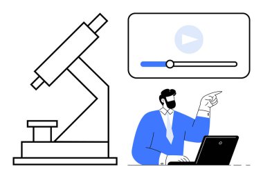 Mikroskop ve profesyoneller, videonun ilerleyişini gösteren dizüstü bilgisayarlar üzerinde çalışıyorlar. Araştırma, eğitim, yenilik, teknoloji, öğrenme, analiz ve bilim için ideal. Basit düz metafor