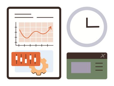Yukarı doğru eğilim, saat, vites üstü kaydırmalar ve arayüz penceresi veri takibini, verimliliği, optimizasyonu sembolize ediyor. Analiz, zaman yönetimi, finans istatistikleri planlaması için ideal