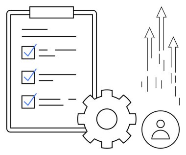 Organize kontrol listesi, dişli, yukarı bakan oklar, profil ikonu kavramsallaştırıcı planlama, verimlilik. İş akışı, görev yönetimi, hedef belirleme, performans iyileştirme verimliliği artışı için ideal basit büyüme