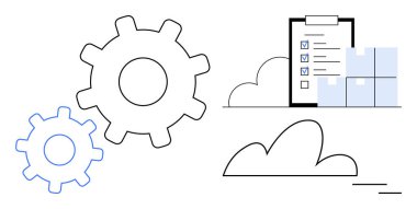 İşaretli görevleri, bulutları ve kutuları olan kontrol listesinin yanındaki dişli mekanizması. Takım çalışması, lojistik, otomasyon, iş akışı, envanter planlaması ve operasyonlar için ideal. Basit düz metafor