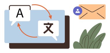 Çevirisi için oklu iki konuşma balonu, zarf, kullanıcı profili ve bitkiler. Dil, iletişim, iş akışı, eğitim için ideal küresel etkileşim mesajlaşması ve metin işleme. A