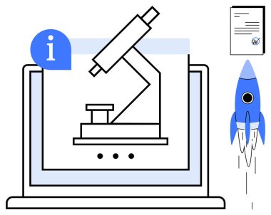 Belge ve roket grafiğiyle birlikte mikroskop ekranda. Bilim, araştırma, yenilik, teknoloji, keşif, eğitim ve tıbbi gelişim için ideal. Basit düz metafor