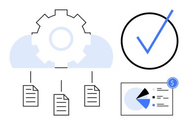 Bulut ve teçhizat otomasyonu simgeliyor. Aşağıda bağlantılı belgeler, analitik çizelge, onay işareti. Veri, iş akışı, süreç verimliliği, bulut depolama, otomasyon karar verme süreci için ideal