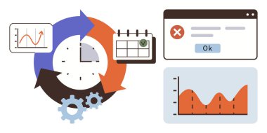 Okları, saati, dişlileri, çizelgeleri, hata mesajı ve takvimi olan dairesel bir işlem. İş akışı, zaman yönetimi, verimlilik planlama analitikleri sorun giderme ve süreç optimizasyonu için ideal