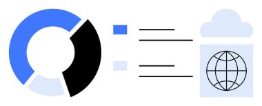 Veri akış çizelgesine sahip turta grafiği bir küreye bağlı, veri paylaşımını, analitiği, bulut hesaplamasını, teknolojisini, küresel bağlantıyı, takım çalışmasını ve yeniliğini gösteren bir bulut grafiği. Basit düz