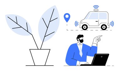 Kablosuz sinyalleri ve lokasyon şifresi olan akıllı bir araba, dizüstü bilgisayarı olan bir adam ve saksı bitkisi. Sürdürülebilirlik, teknoloji, yenilik, uzak çalışma, yapay zeka, yeşil enerji için ideal