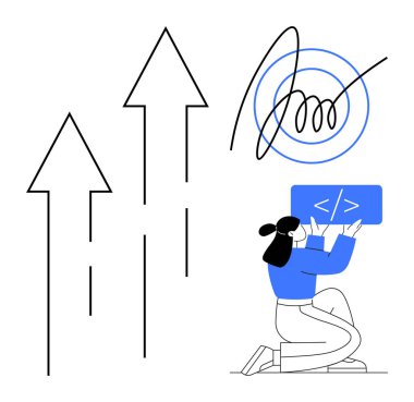 Kadın kod ekranı tutarken diz çöküyor, yukarı bakan soyut oklar ve dinamik doğrusal tasarım. Teknoloji, büyüme, yenilik, yaratıcılık, gelişme, başarı için ideal basit iniş sayfası
