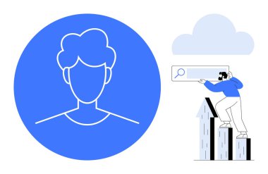 Mavi daireli bir insan çizgisi, arama çubuğu, yukarı bakan oklar, bulut. Kimlik, kullanıcı arayüzü, arama, ilerleme teknolojisi geliştirme için ideal. Basit düz metafor