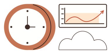Saati gösteren saat, grafik büyümesinde yükselen eğilim ve basit bir bulut sembolü. Üretkenlik, zaman yönetimi, ilerleme takibi, analitik, verimlilik, basit bir daire planlama için ideal