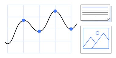 Bir ızgarada çizilmiş noktaları olan eğri bir çizgi grafiği, bir yığın nota ve bir resmin görsel temsili eşliğinde. Veri eğilimleri, analiz, sunum, istatistik ve yaratıcılık için ideal
