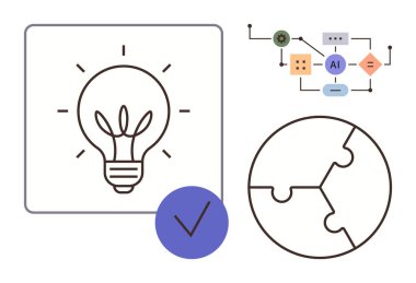 Yeniliği temsil eden ampul, problem çözmeyi sembolize eden yapboz, yapay zeka işlem akış şeması ve görevi tamamlamak için kontrol işareti. Teknoloji, araştırma, strateji, yaratıcılık ve eğitim için ideal