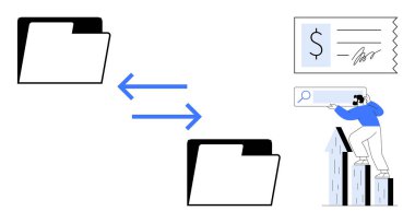 Dizin aktarım okları, finansal makbuz ve veri arayan kişi kusursuz dosya paylaşımı, finans ve veri analizini temsil ediyor. Teknoloji, iş, dosya transferi, finans iş akışı için ideal