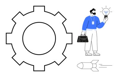 Elinde ampul tutan adam, yenilikleri ve gelişim için büyük teçhizat ve roketlerle çevrili fikirleri simgeliyor. Yenilik, takım çalışması, problem çözme, yaratıcılık, teknoloji ve iş için ideal