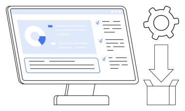 Monitör verileri çizelgeler ve kontrol listeleriyle birlikte gösterir. Dişliler ayarları gösterir, ok indirmeyi gösterir, depolama için kutu. Yazılım, güncelleme, analitik, bulut yönetim süreçleri için ideal