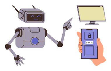 Robot bilgisayara bağlı olan ekranın kilidini açıyor. Teknoloji, yapay zeka, siber güvenlik, otomasyon, programlama, dijital araçlar ve yenilik için ideal. Basit düz metafor