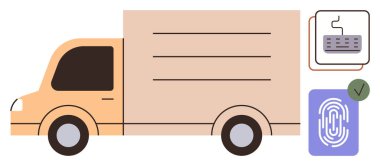 Parmak izi taraması ve dijital klavyeli teslimat kamyonu lojistikteki teknoloji entegrasyonunu gösteriyor. Ulaşım, güvenlik, teknoloji, doğrulama, yenilik, lojistik için ideal