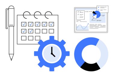 Kalem, kontrol işaretli takvim, saatli dişli dişli, analitik gösterge paneli ve dairesel çizelge. Üretkenlik, planlama, iş akışı, veri analizi zaman yönetimi için ideal basit iniş sayfası