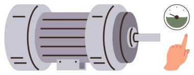 Silindirik tasarımı olan sadeleştirilmiş elektrikli motor, performans verimliliği ölçer ve kadranı ayarlayan bir parmak. Teknoloji, mühendislik, endüstri, güç, imalat ve enerji için ideal