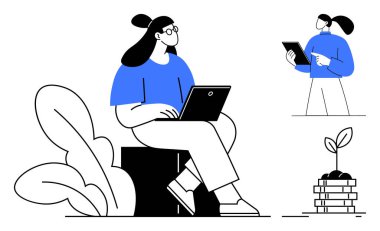 Büyük yaprakların yanında dizüstü bilgisayarda yazan bir kadın tabletli bir insan bozuk paraların üzerinde büyüyen küçük bir bitki. Büyüme, teknoloji, uzaktan çalışma, finans, eğitim, sürdürülebilirlik için ideal basit iniş sayfası